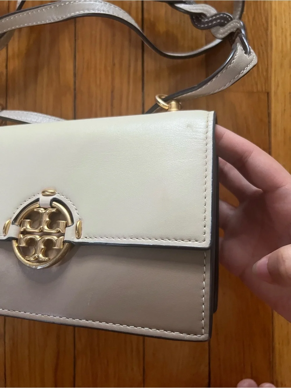 Tory Burch Colorblock Leather Crossbody Bag in White & Taupe